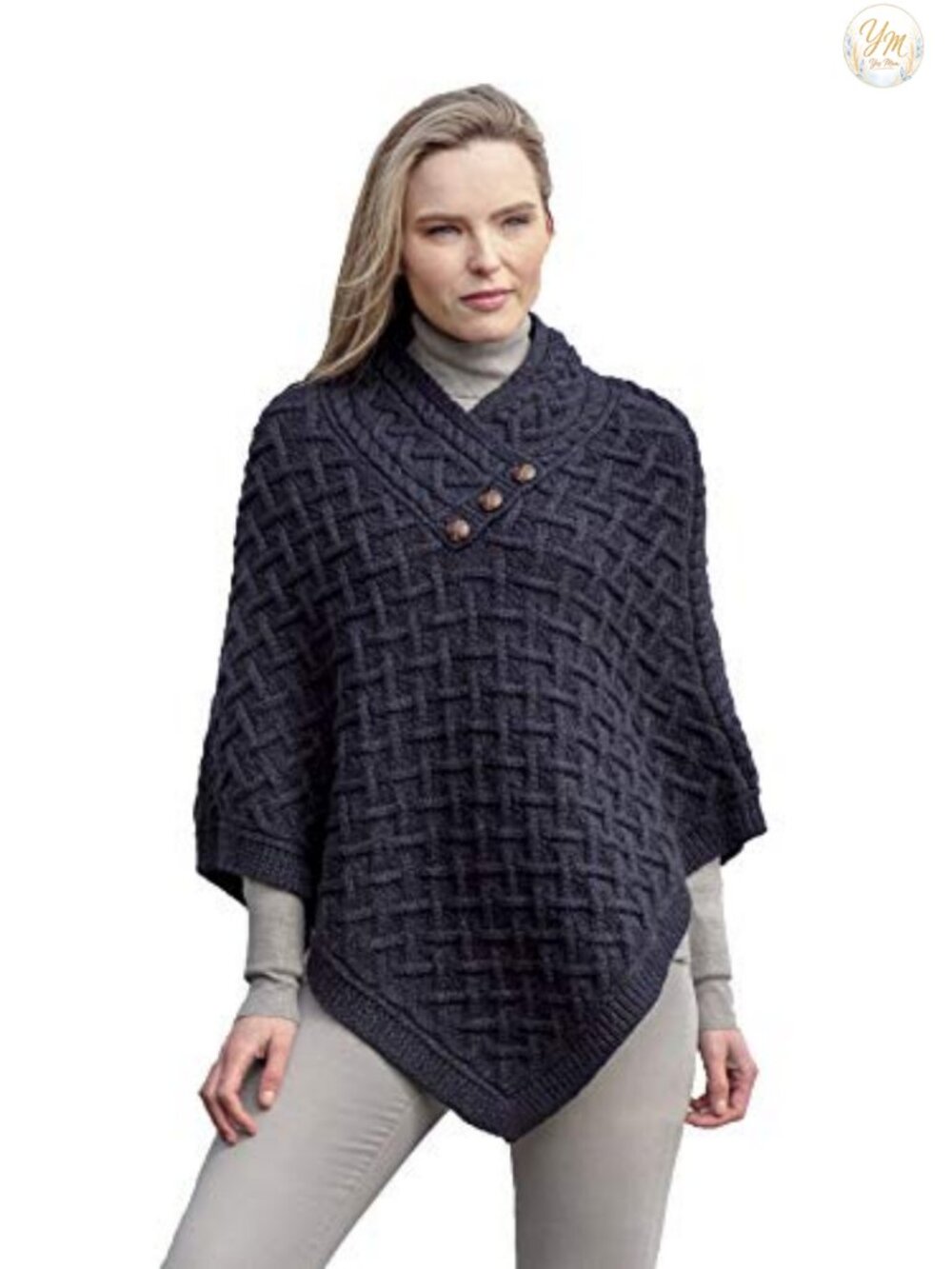 Women's Cable Knit Merino Wool Button Poncho with Hood